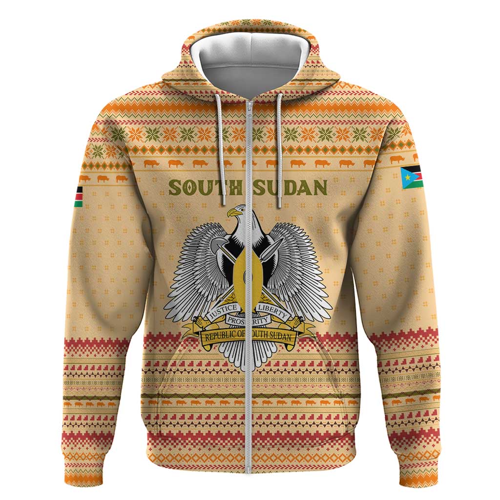 South Sudan Christmas Zip Hoodie Beige Tribal Pattern, National Emblem, and Green Star Motif - African Pride
