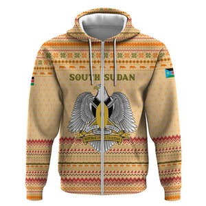 South Sudan Christmas Zip Hoodie Beige Tribal Pattern, National Emblem, and Green Star Motif - African Pride