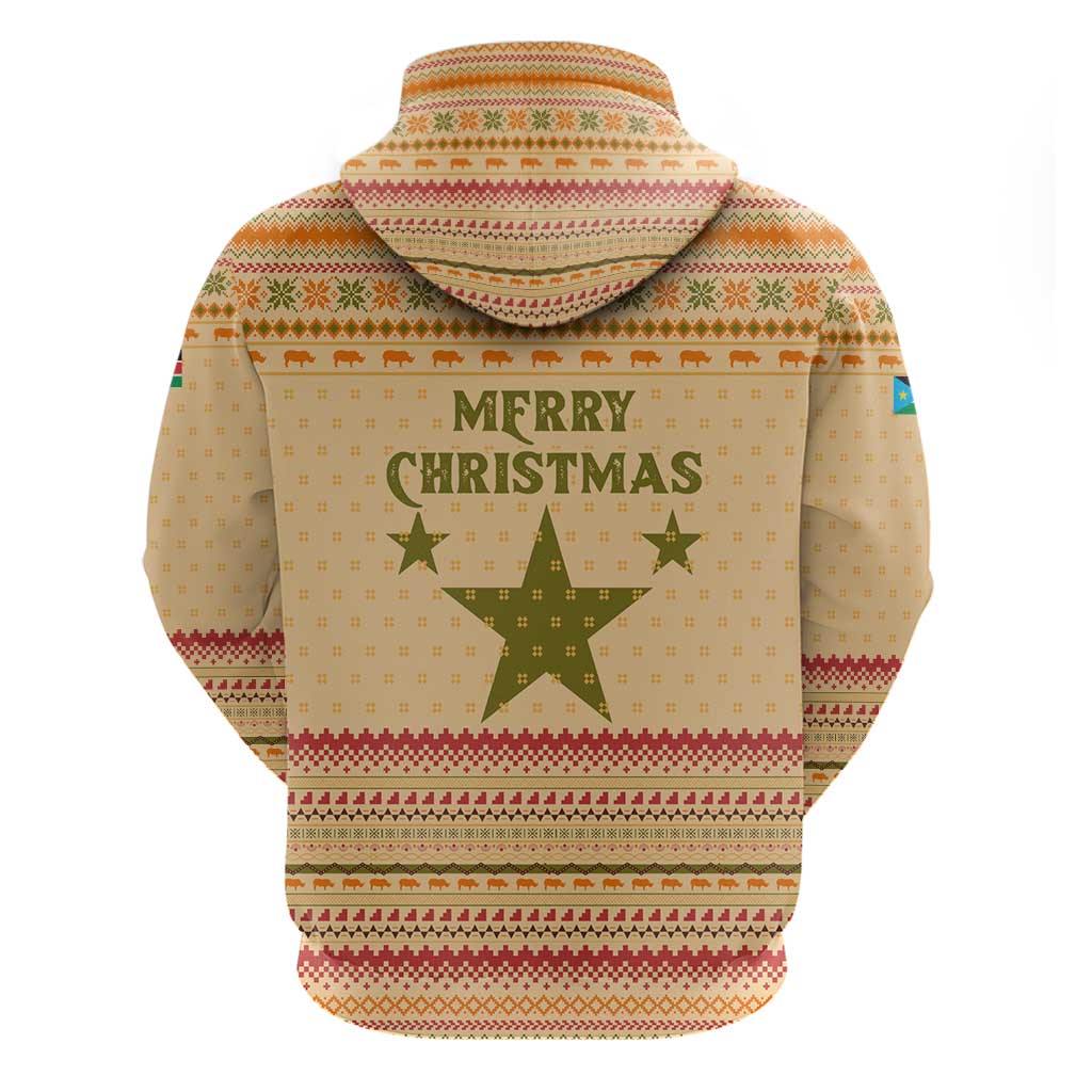 South Sudan Christmas Zip Hoodie Beige Tribal Pattern, National Emblem, and Green Star Motif - African Pride