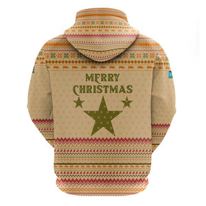South Sudan Christmas Zip Hoodie Beige Tribal Pattern, National Emblem, and Green Star Motif - African Pride