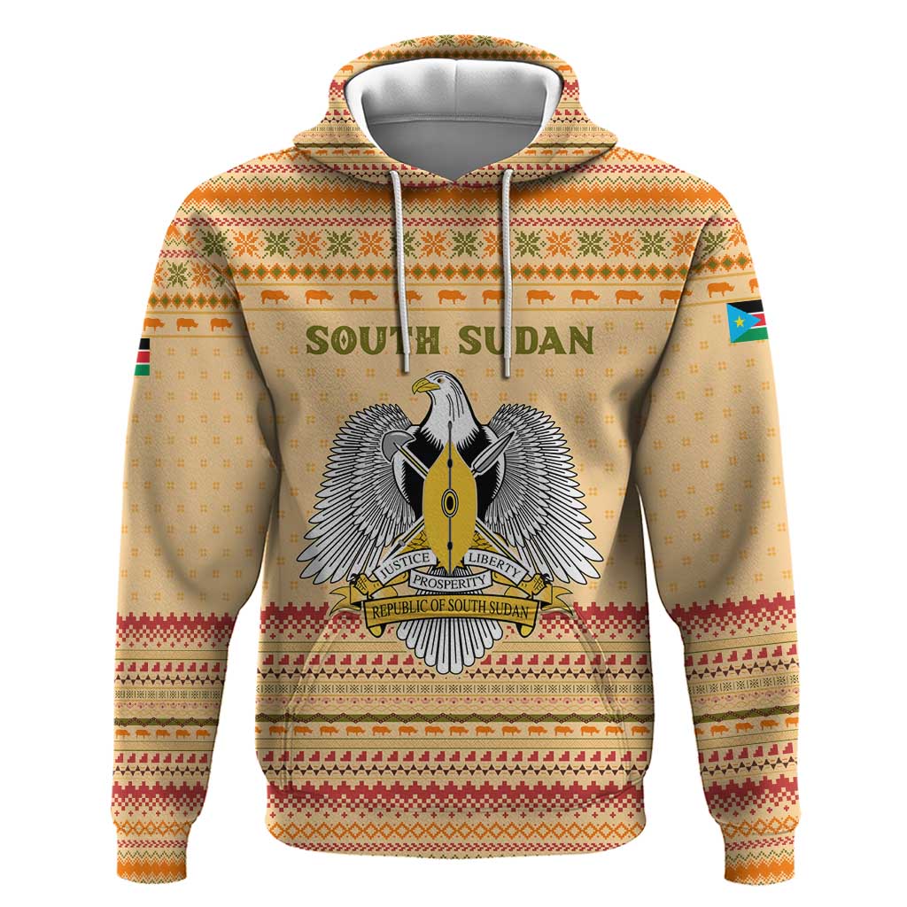 South Sudan Christmas Zip Hoodie Beige Tribal Pattern, National Emblem, and Green Star Motif - African Pride