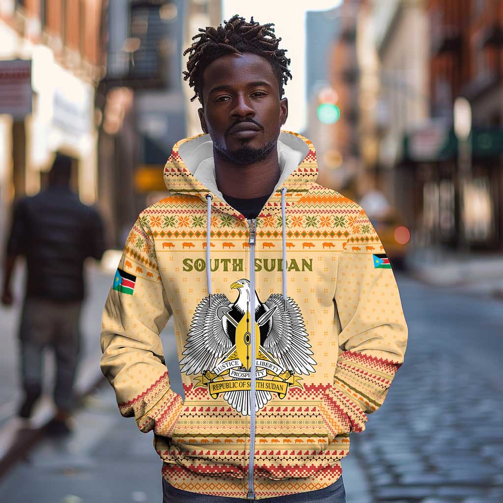 South Sudan Christmas Zip Hoodie Beige Tribal Pattern, National Emblem, and Green Star Motif - African Pride