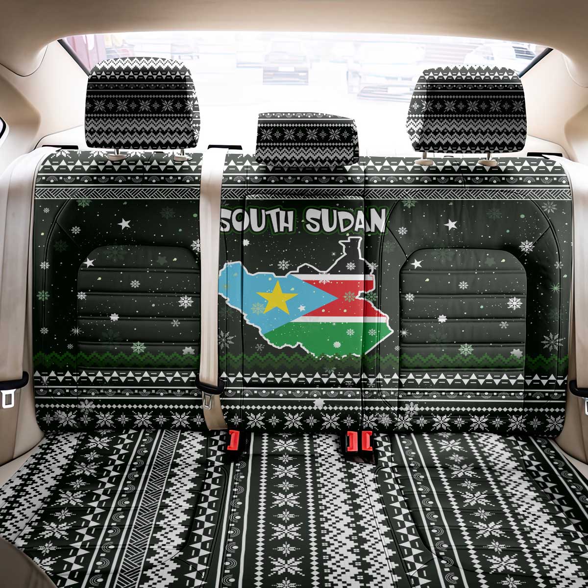 South Sudan Christmas Back Car Seat Cover National Map Flag Colors and Sleeping Rhino Motif - African Pride