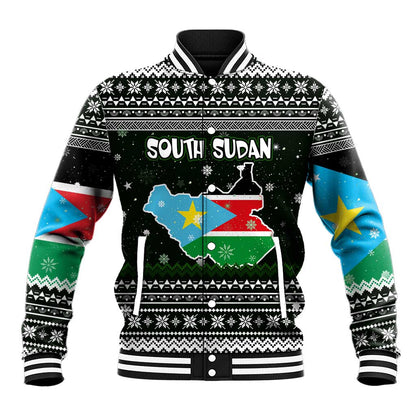South Sudan Christmas Baseball Jacket National Map Flag Colors and Sleeping Rhino Motif - African Pride