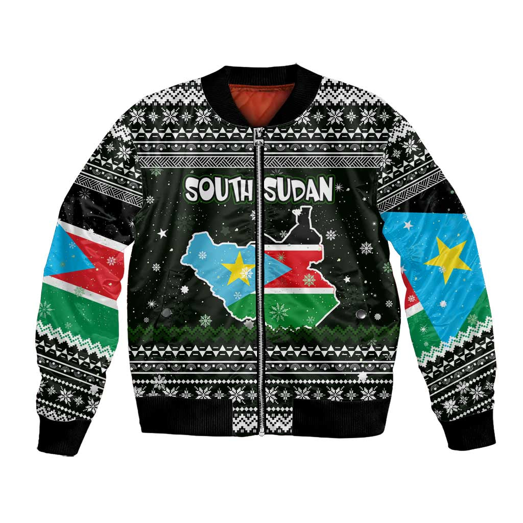 South Sudan Christmas Bomber Jacket National Map Flag Colors and Sleeping Rhino Motif - African Pride