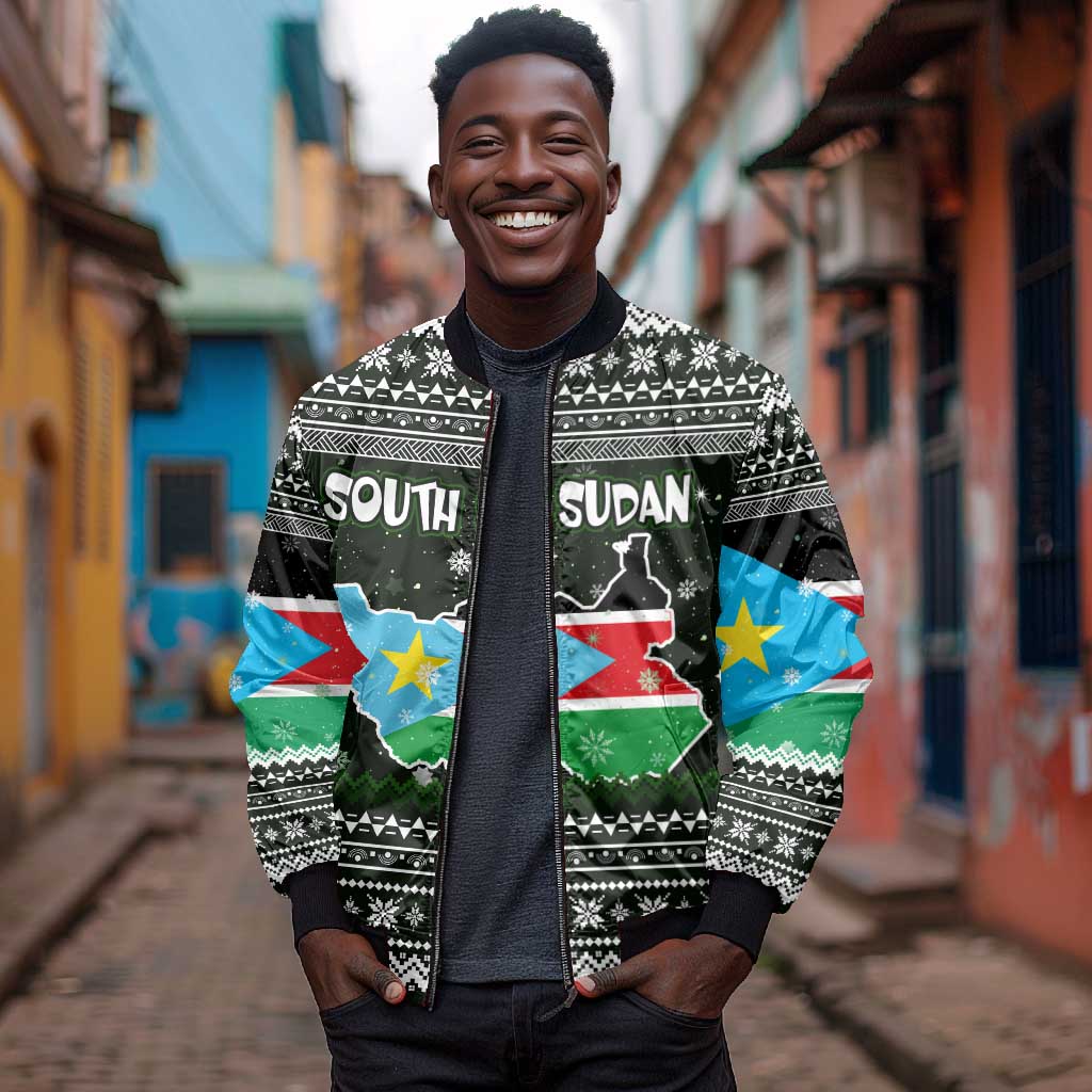South Sudan Christmas Bomber Jacket National Map Flag Colors and Sleeping Rhino Motif - African Pride