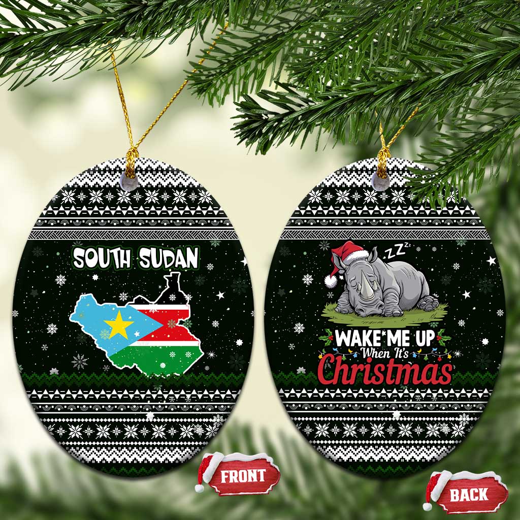 South Sudan Christmas Ceramic Ornament National Map Flag Colors and Sleeping Rhino Motif - African Pride