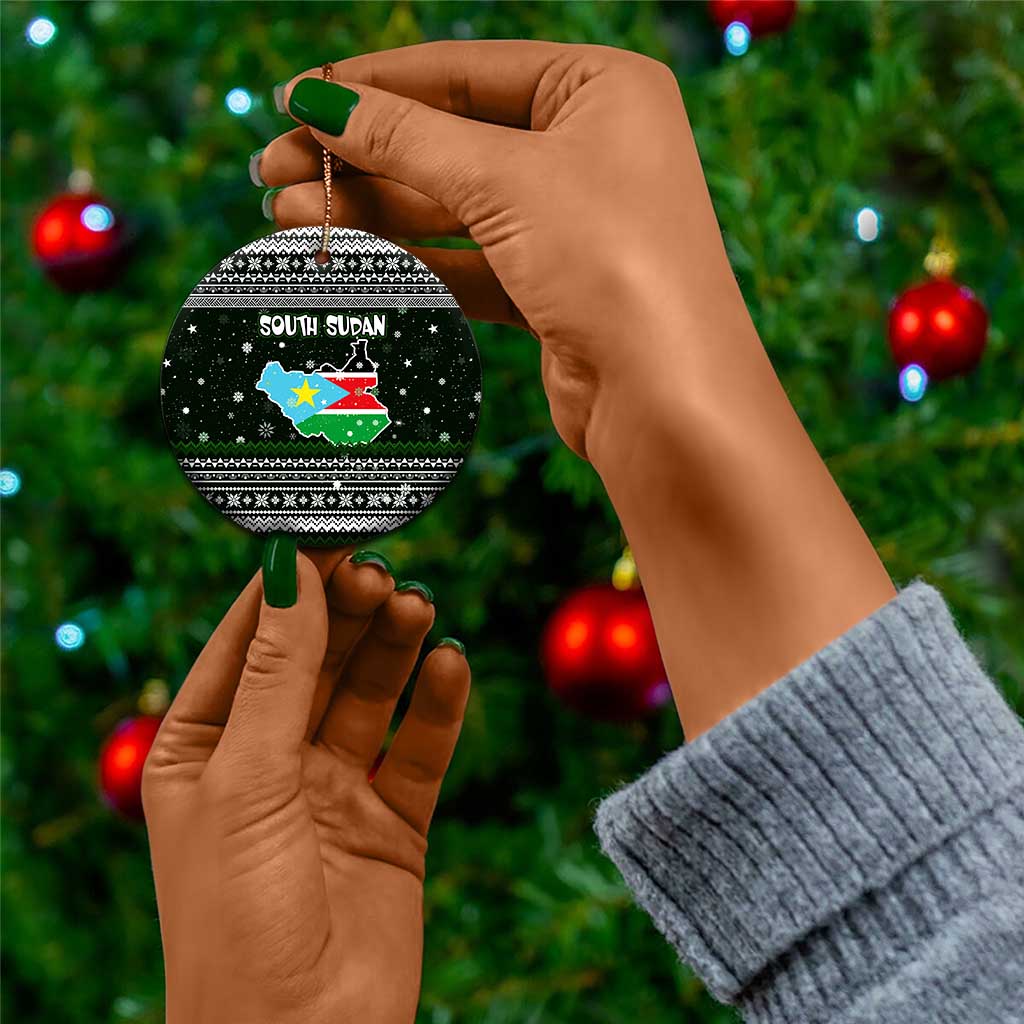 South Sudan Christmas Ceramic Ornament National Map Flag Colors and Sleeping Rhino Motif - African Pride