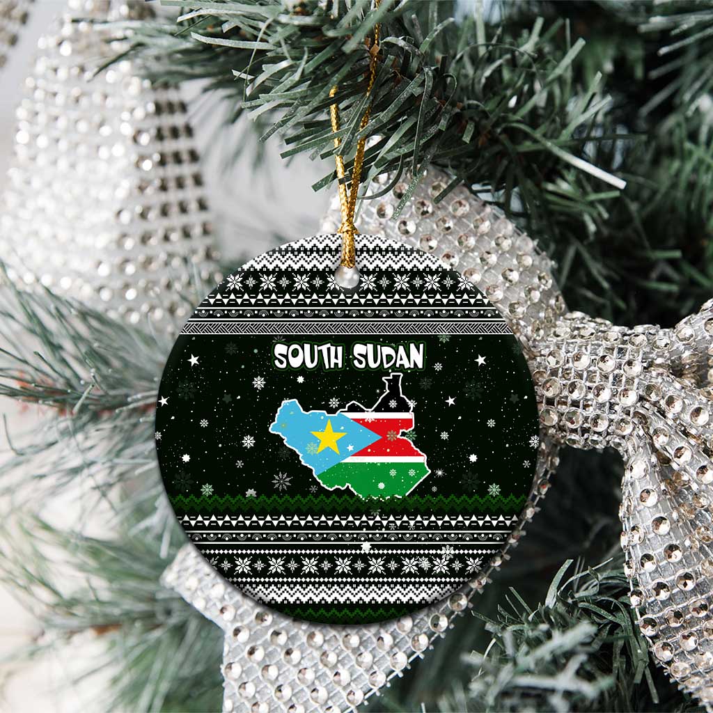 South Sudan Christmas Ceramic Ornament National Map Flag Colors and Sleeping Rhino Motif - African Pride