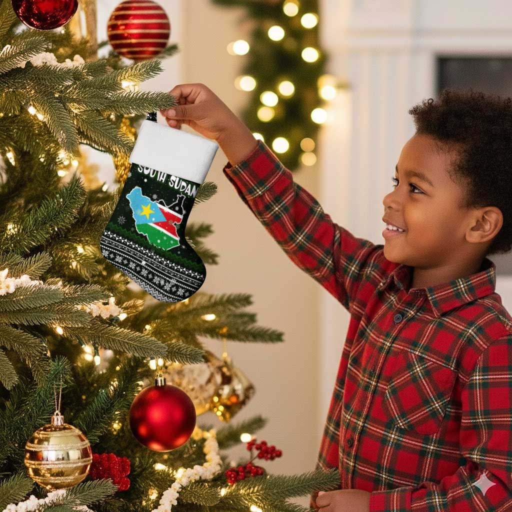 South Sudan Christmas Stocking National Map Flag Colors and Sleeping Rhino Motif - African Pride