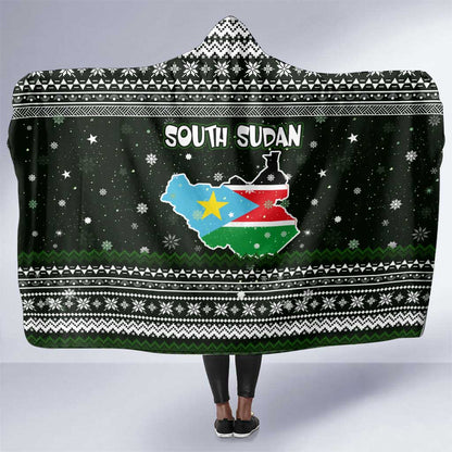 South Sudan Christmas Hooded Blanket National Map Flag Colors and Sleeping Rhino Motif - African Pride