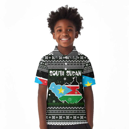 South Sudan Christmas Kid Polo Shirt National Map Flag Colors and Sleeping Rhino Motif - African Pride