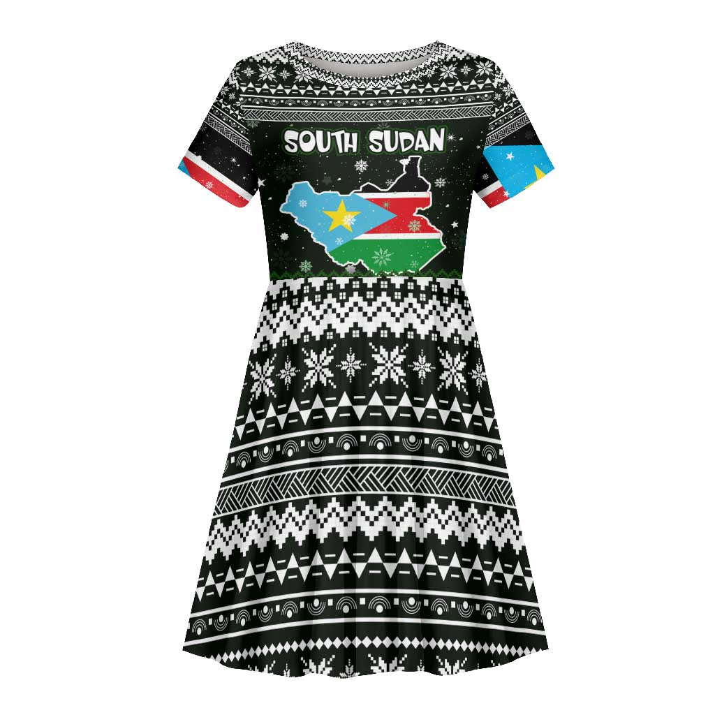 South Sudan Christmas Kid Short Sleeve Dress National Map Flag Colors and Sleeping Rhino Motif - African Pride