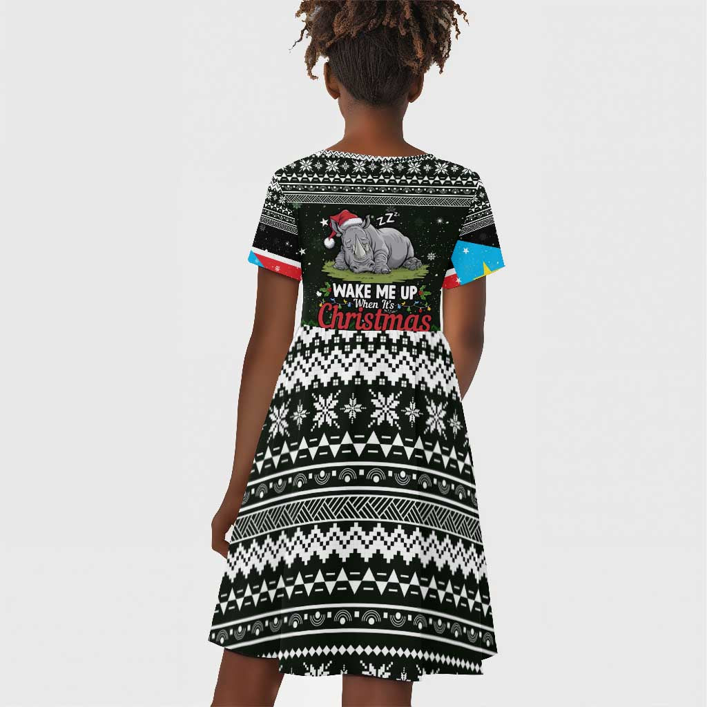 South Sudan Christmas Kid Short Sleeve Dress National Map Flag Colors and Sleeping Rhino Motif - African Pride