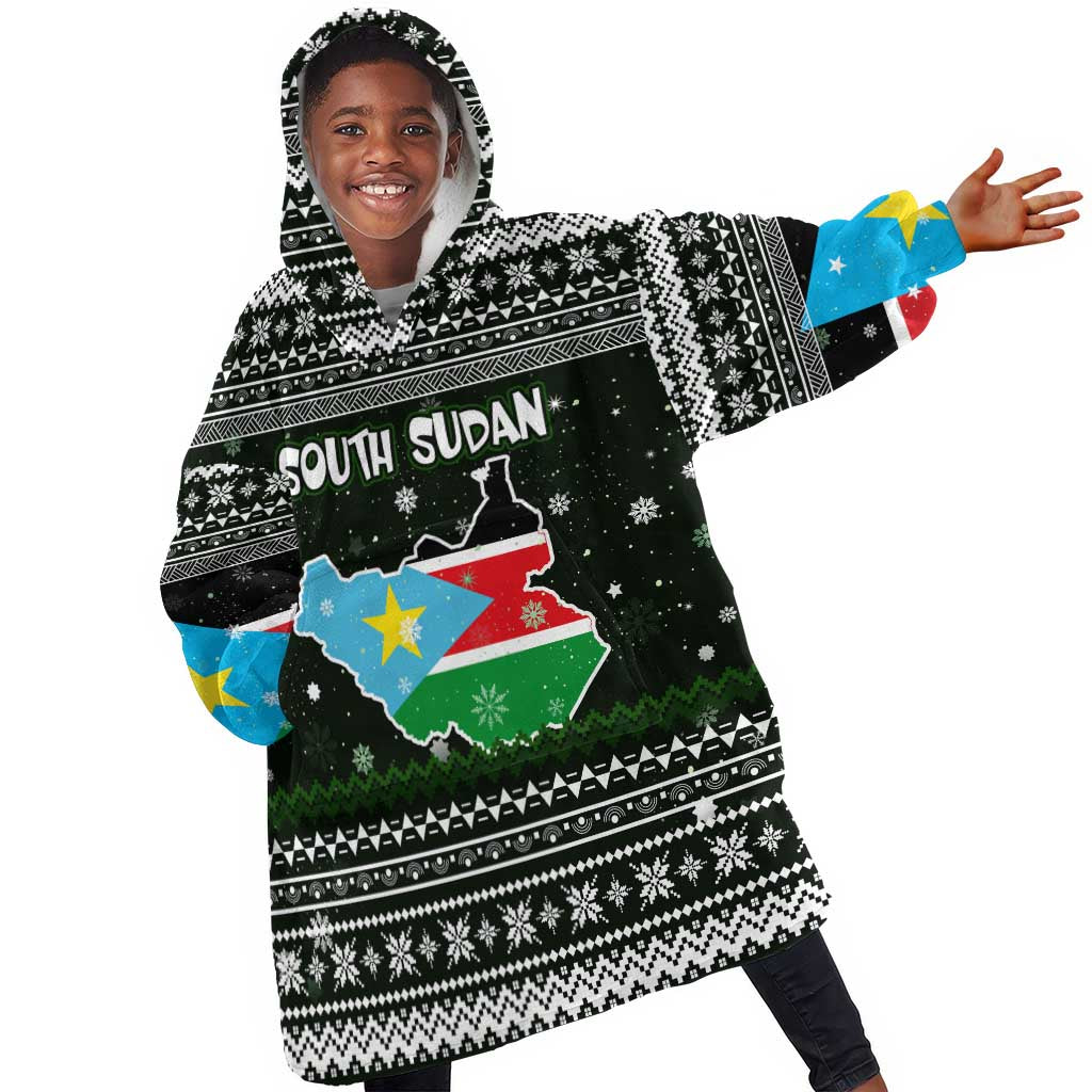 South Sudan Christmas Kid Wearable Blanket Hoodie National Map Flag Colors and Sleeping Rhino Motif - African Pride