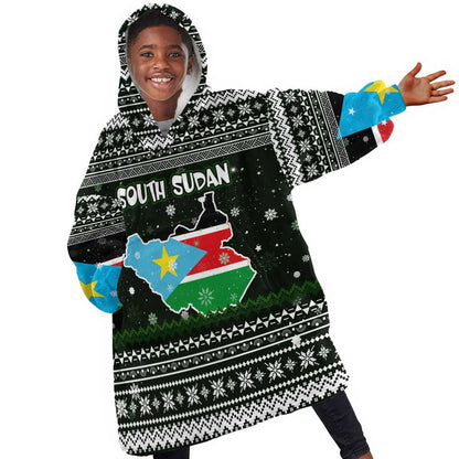 South Sudan Christmas Kid Wearable Blanket Hoodie National Map Flag Colors and Sleeping Rhino Motif - African Pride