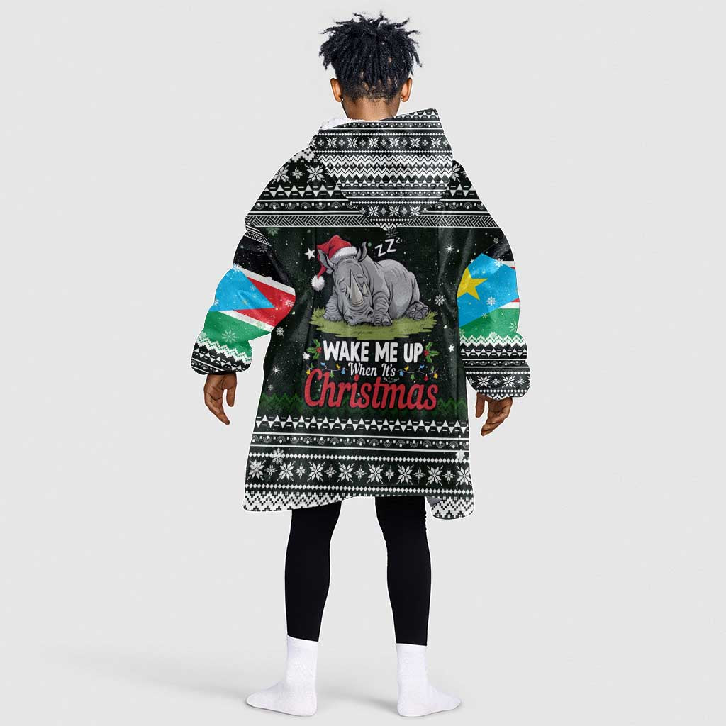 South Sudan Christmas Kid Wearable Blanket Hoodie National Map Flag Colors and Sleeping Rhino Motif - African Pride