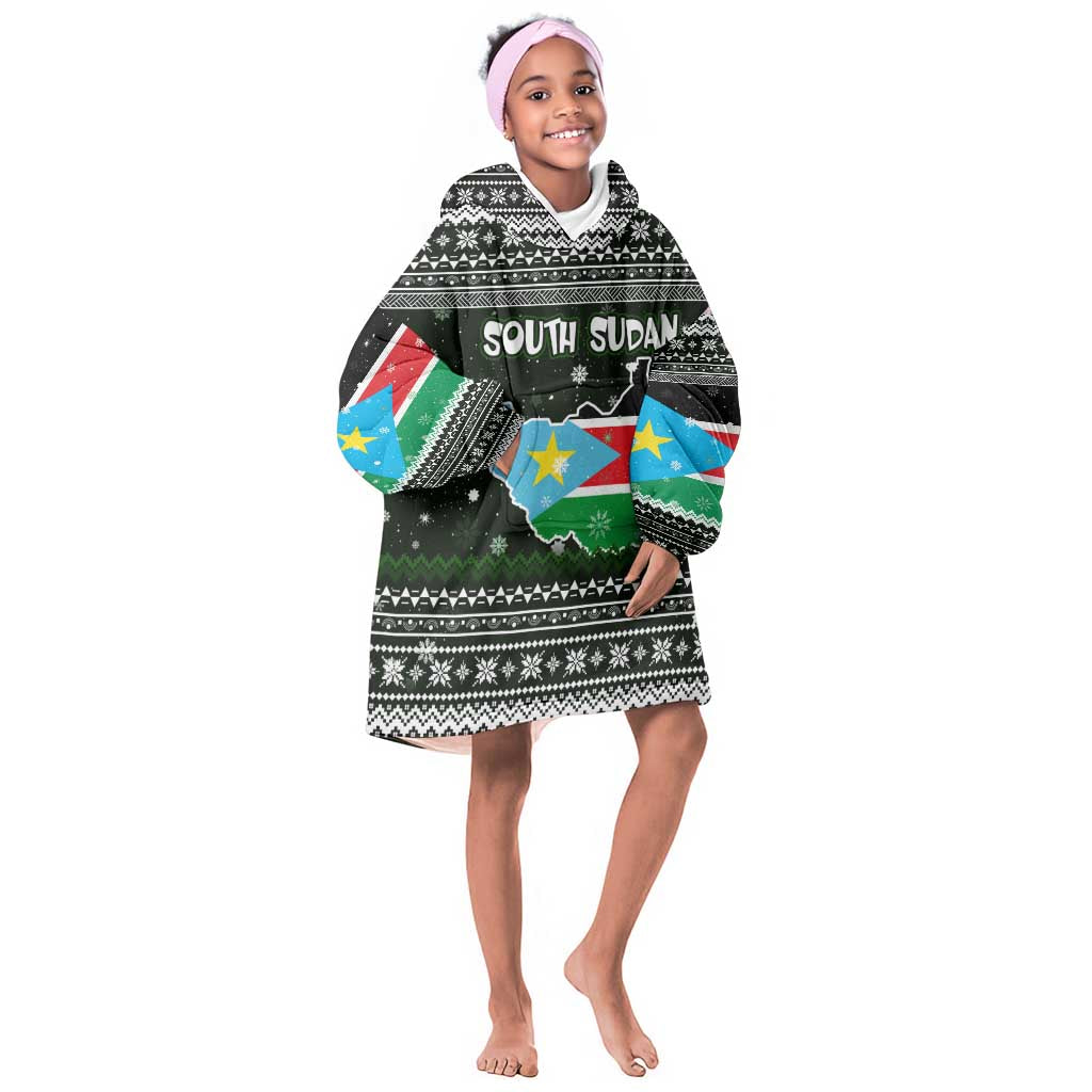 South Sudan Christmas Kid Wearable Blanket Hoodie National Map Flag Colors and Sleeping Rhino Motif - African Pride