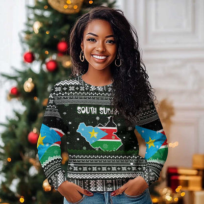 South Sudan Christmas Ugly Christmas Sweater National Map Flag Colors and Sleeping Rhino Motif - African Pride