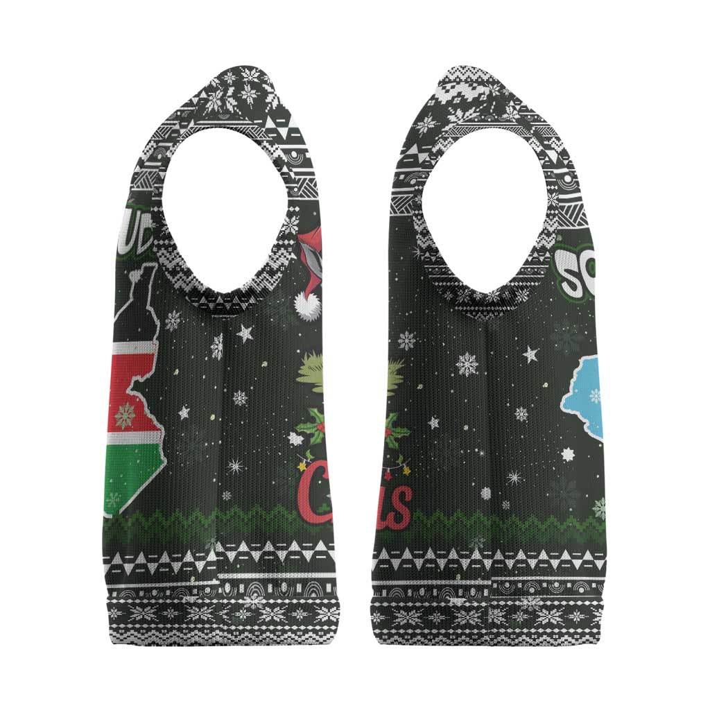 South Sudan Christmas Knitted V-Neck Vest National Map Flag Colors and Sleeping Rhino Motif - African Pride