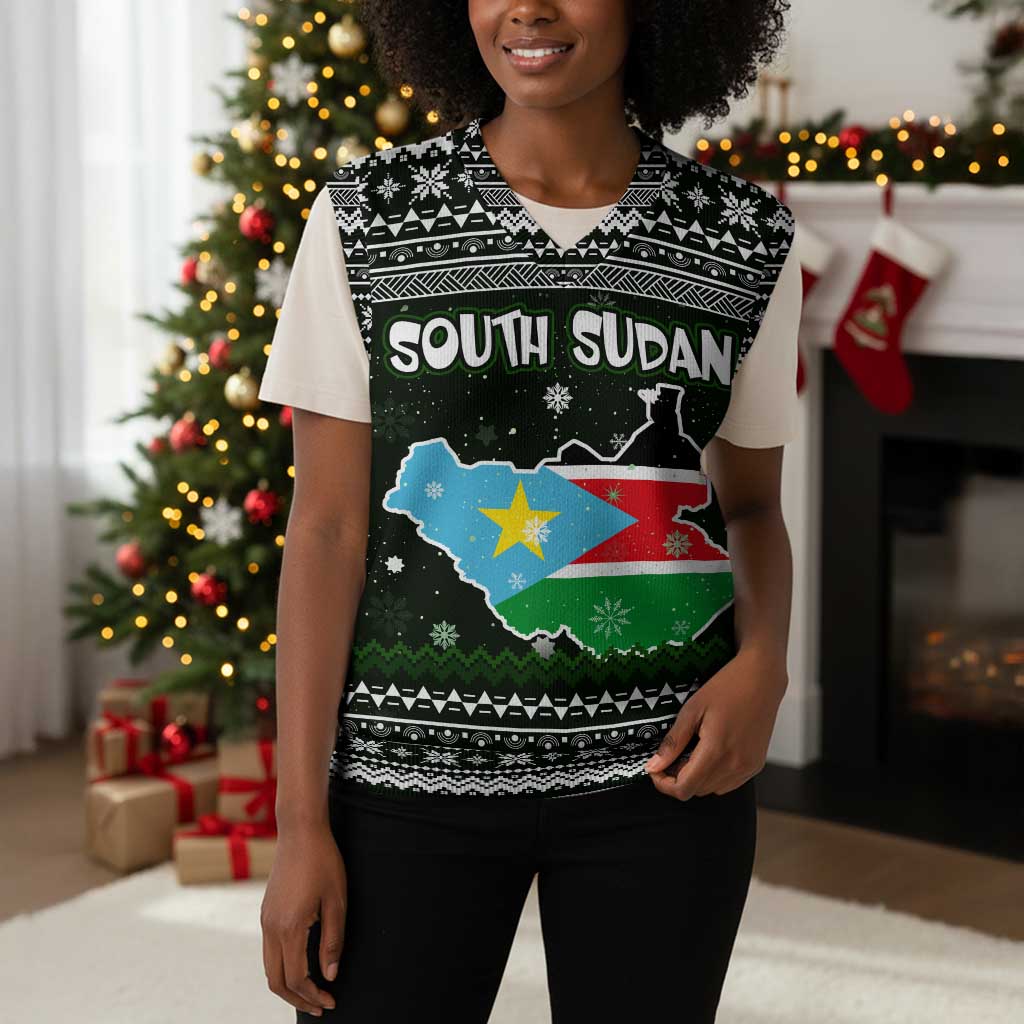 South Sudan Christmas Knitted V-Neck Vest National Map Flag Colors and Sleeping Rhino Motif - African Pride