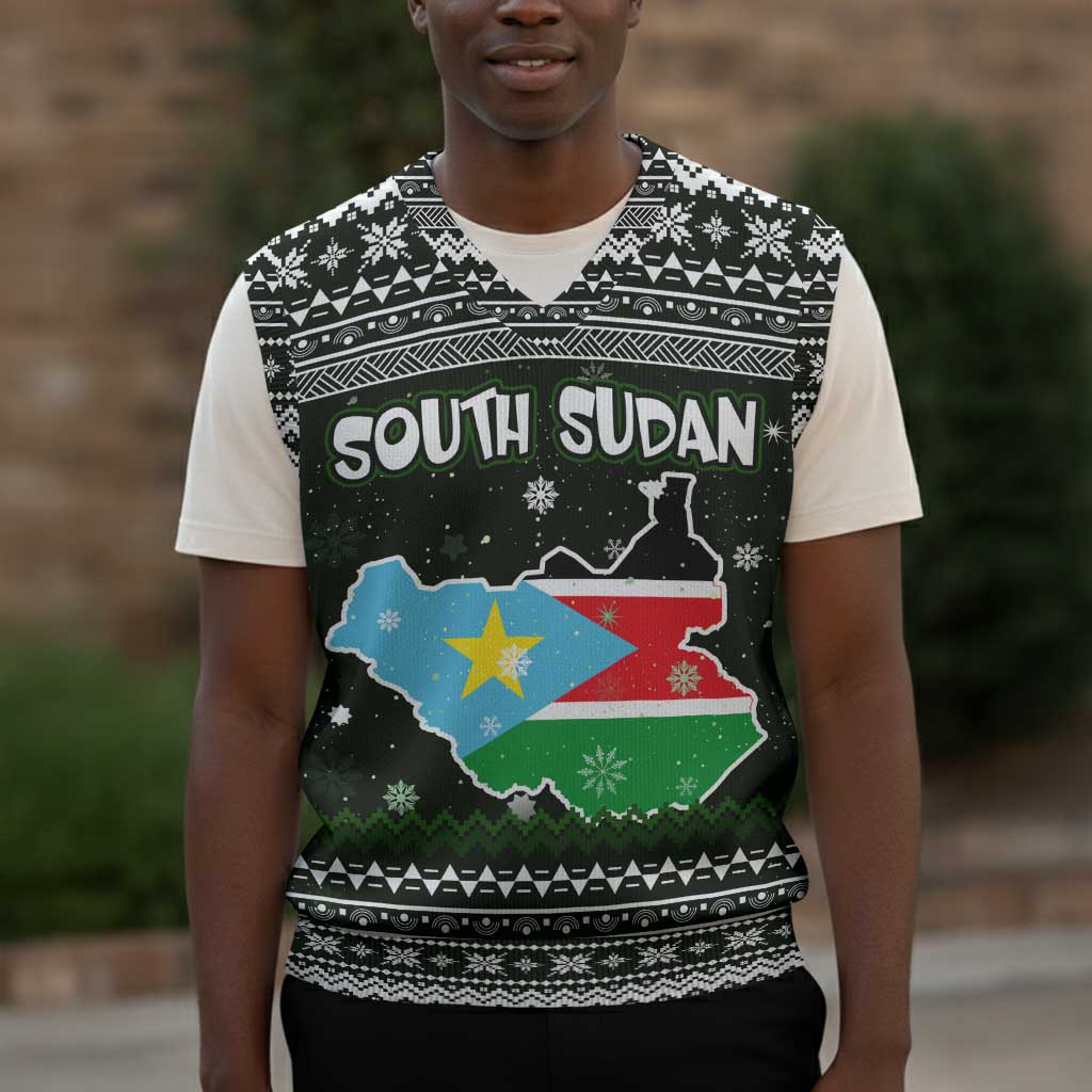 South Sudan Christmas Knitted V-Neck Vest National Map Flag Colors and Sleeping Rhino Motif - African Pride
