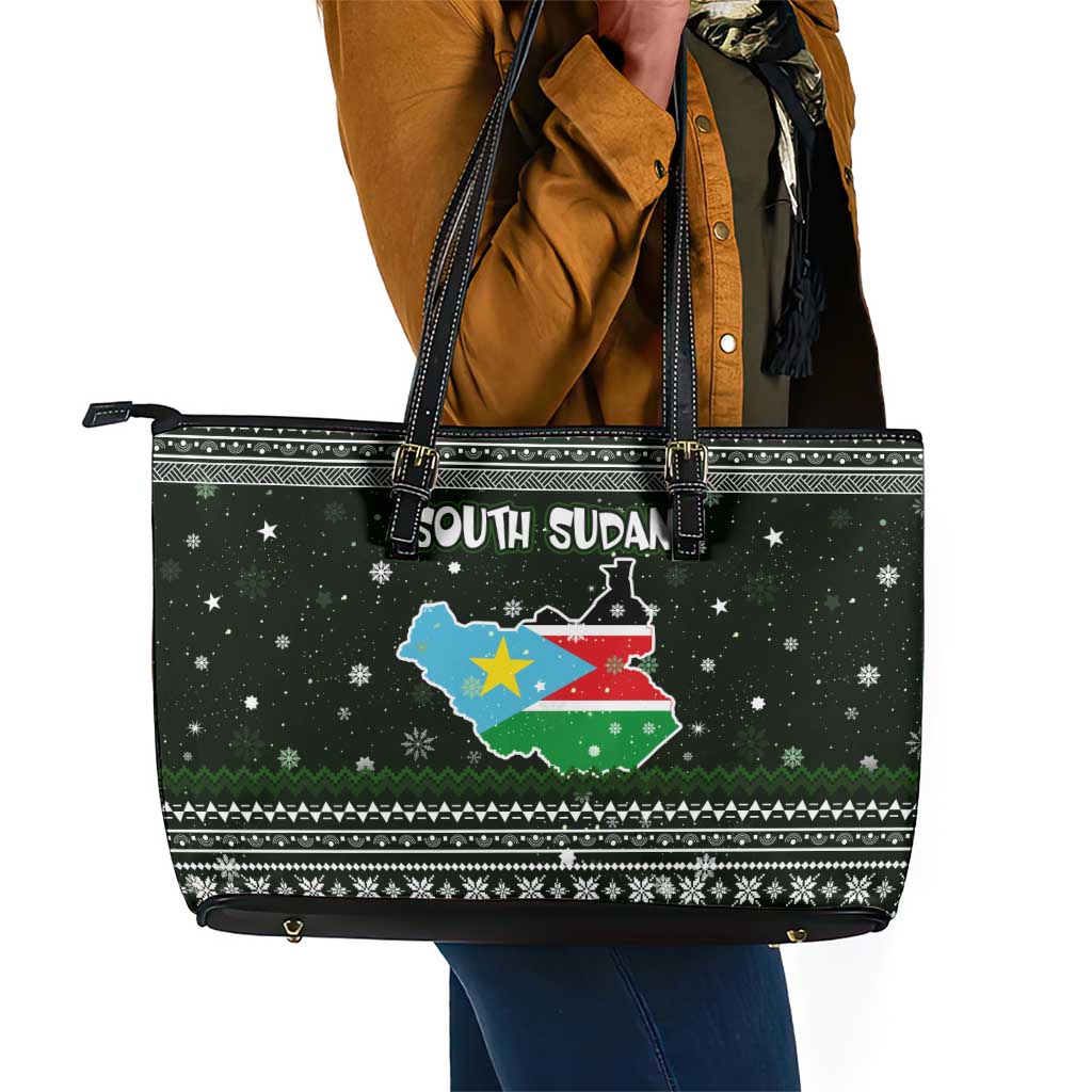 South Sudan Christmas Leather Tote Bag National Map Flag Colors and Sleeping Rhino Motif - African Pride