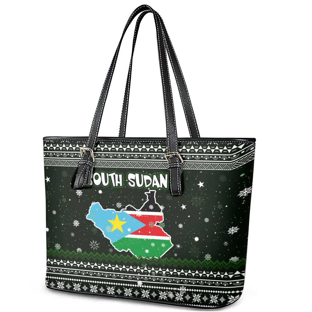 South Sudan Christmas Leather Tote Bag National Map Flag Colors and Sleeping Rhino Motif - African Pride