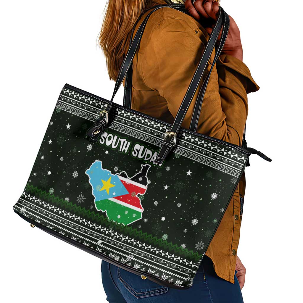 South Sudan Christmas Leather Tote Bag National Map Flag Colors and Sleeping Rhino Motif - African Pride