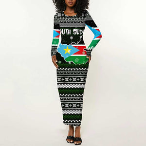 South Sudan Christmas Long Sleeve Bodycon Dress National Map Flag Colors and Sleeping Rhino Motif - African Pride