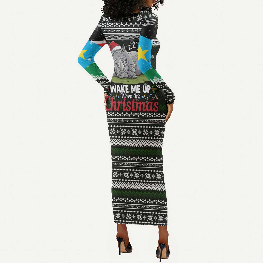 South Sudan Christmas Long Sleeve Bodycon Dress National Map Flag Colors and Sleeping Rhino Motif - African Pride