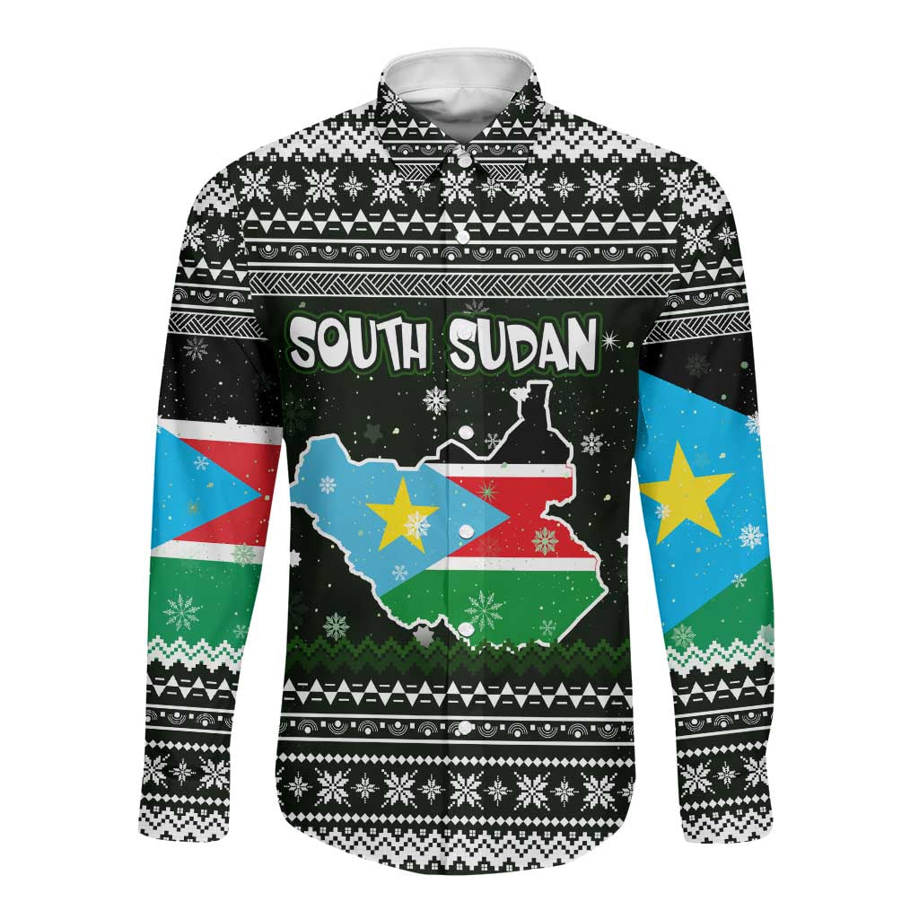 South Sudan Christmas Long Sleeve Button Shirt National Map Flag Colors and Sleeping Rhino Motif - African Pride