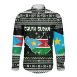 South Sudan Christmas Long Sleeve Button Shirt National Map Flag Colors and Sleeping Rhino Motif - African Pride