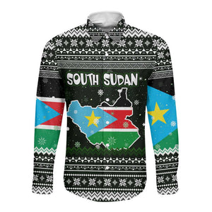 South Sudan Christmas Long Sleeve Button Shirt National Map Flag Colors and Sleeping Rhino Motif - African Pride