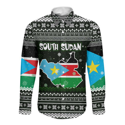 South Sudan Christmas Long Sleeve Button Shirt National Map Flag Colors and Sleeping Rhino Motif - African Pride