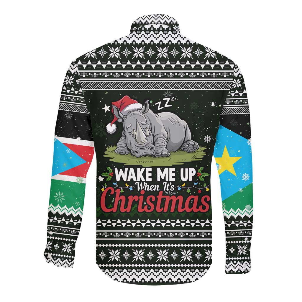 South Sudan Christmas Long Sleeve Button Shirt National Map Flag Colors and Sleeping Rhino Motif - African Pride