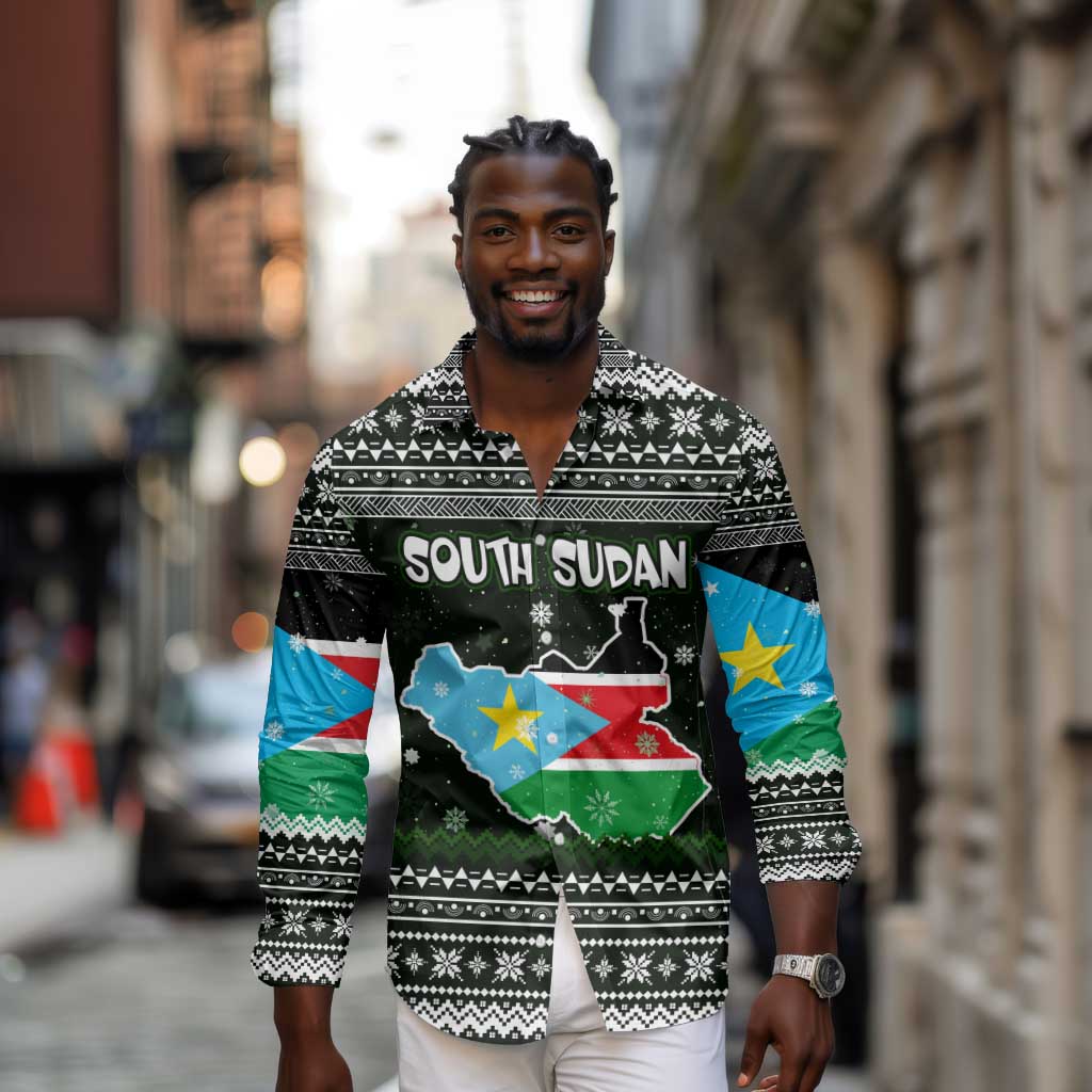 South Sudan Christmas Long Sleeve Button Shirt National Map Flag Colors and Sleeping Rhino Motif - African Pride
