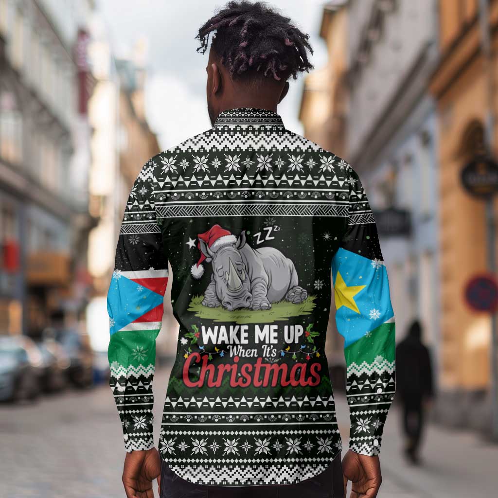 South Sudan Christmas Long Sleeve Button Shirt National Map Flag Colors and Sleeping Rhino Motif - African Pride