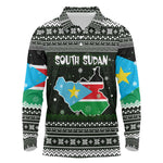 South Sudan Christmas Long Sleeve Polo Shirt National Map Flag Colors and Sleeping Rhino Motif - African Pride