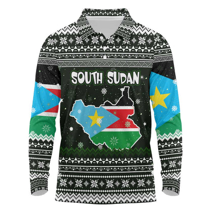 South Sudan Christmas Long Sleeve Polo Shirt National Map Flag Colors and Sleeping Rhino Motif - African Pride
