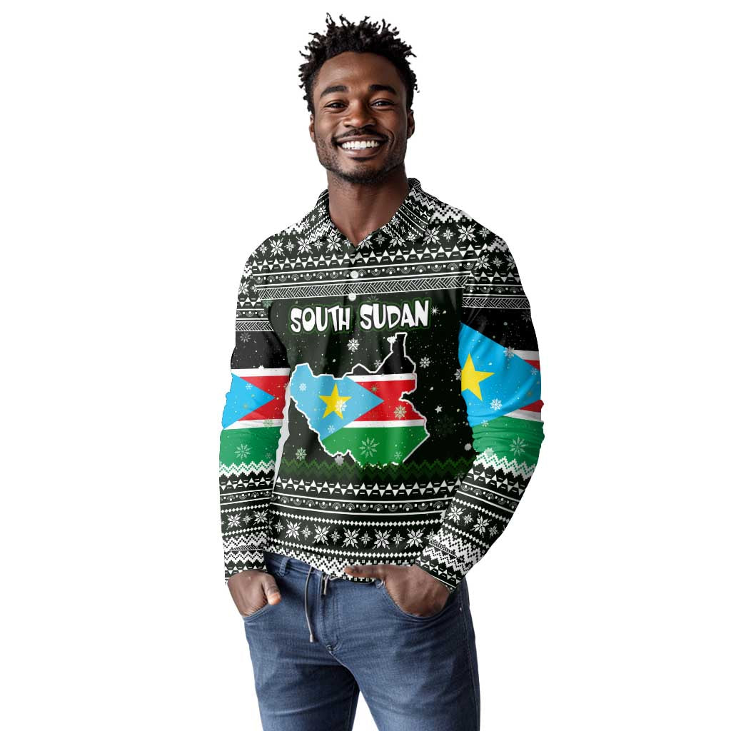 South Sudan Christmas Long Sleeve Polo Shirt National Map Flag Colors and Sleeping Rhino Motif - African Pride