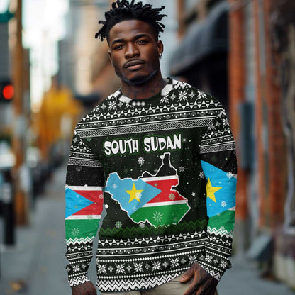 South Sudan Christmas Long Sleeve Shirt National Map Flag Colors and Sleeping Rhino Motif - African Pride