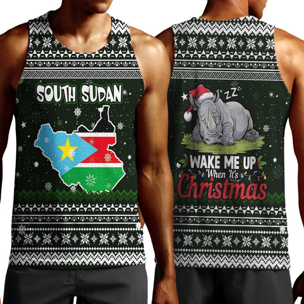 South Sudan Christmas Men Tank Top National Map Flag Colors and Sleeping Rhino Motif - African Pride