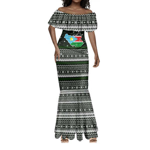 South Sudan Christmas Mermaid Dress National Map Flag Colors and Sleeping Rhino Motif - African Pride
