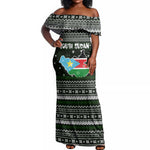 South Sudan Christmas Off Shoulder Maxi Dress National Map Flag Colors and Sleeping Rhino Motif - African Pride