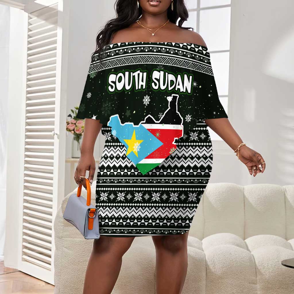 South Sudan Christmas Off Shoulder Short Dress National Map Flag Colors and Sleeping Rhino Motif - African Pride