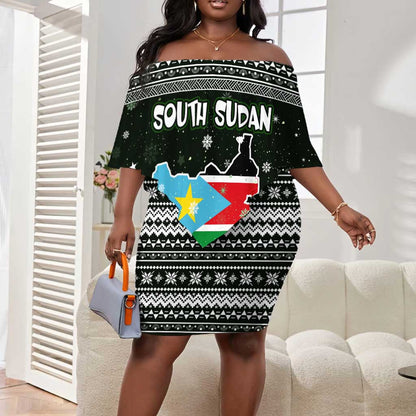 South Sudan Christmas Off Shoulder Short Dress National Map Flag Colors and Sleeping Rhino Motif - African Pride