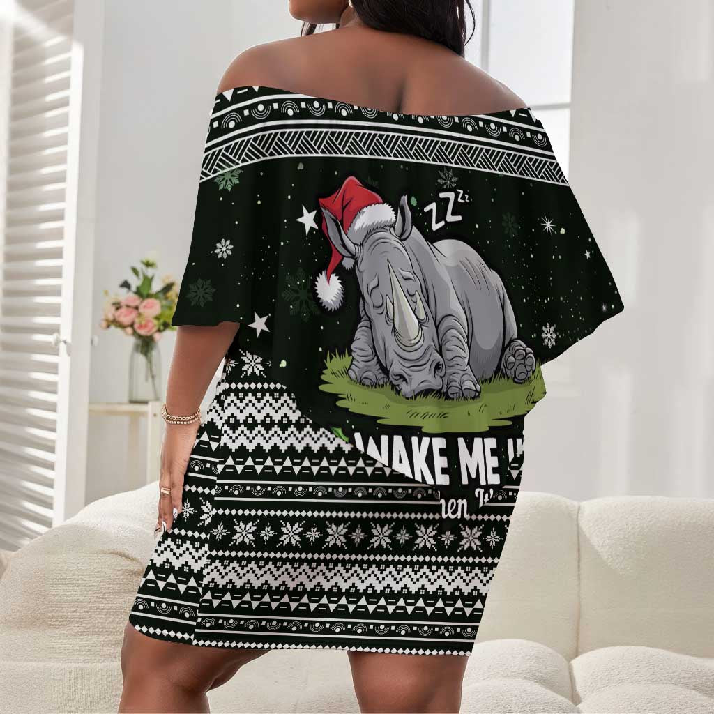 South Sudan Christmas Off Shoulder Short Dress National Map Flag Colors and Sleeping Rhino Motif - African Pride