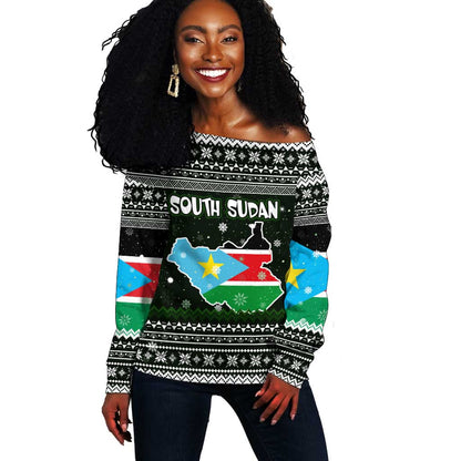 South Sudan Christmas Off Shoulder Sweater National Map Flag Colors and Sleeping Rhino Motif - African Pride
