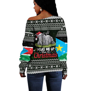 South Sudan Christmas Off Shoulder Sweater National Map Flag Colors and Sleeping Rhino Motif - African Pride